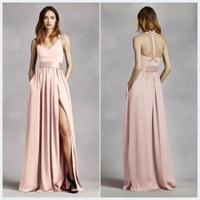 Vera Wang White Blush Pink Bridesmaid Dress Halter Neck With Sash Maxi 4