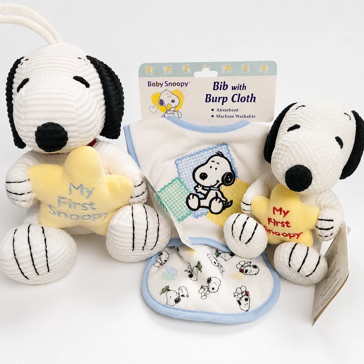 Vintage Baby Snoopy: Bib, Burp Cloth, My First Snoopy Plush Musical Pull Toy NWT
