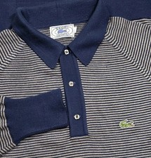 Vintage Izod Lacoste Sweater Mens L Blue Beige Knit Polo Long Sleeve 80s Soft