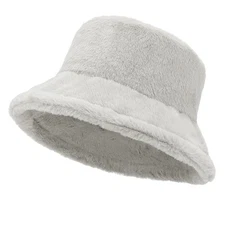 Womens Plush Fluffy Bucket Hat, Faux Fur, Warm Lining, Cozy Wide Brim Winter