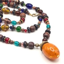 Boho Mixed Bead Necklace Wood Glass Acrylic Pendant Tribal Statement Look