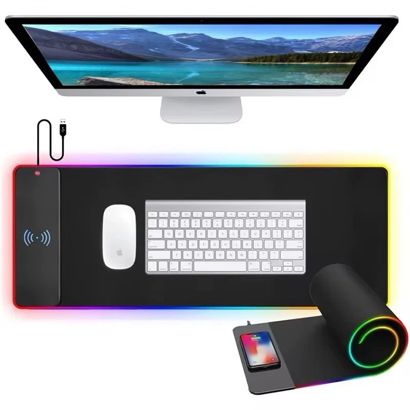RGB Gaming Mouse Pad Wireless Charging 80x30cm 17 Lighting Modes Non-Slip Rubber