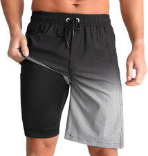 Mens Swim Trunks with Compression Liner 9" Inseam Quick Dry Swim Shorts with Zip
