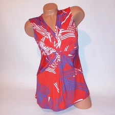 Attention Womens Tank Top Medium Red Blue White Stretch Sleeveless Gathered