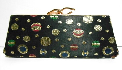 Vtg 50s Eyeglass Case Cats Eye Kiss Lock Black Tapestry Orb Design SpectaPurse