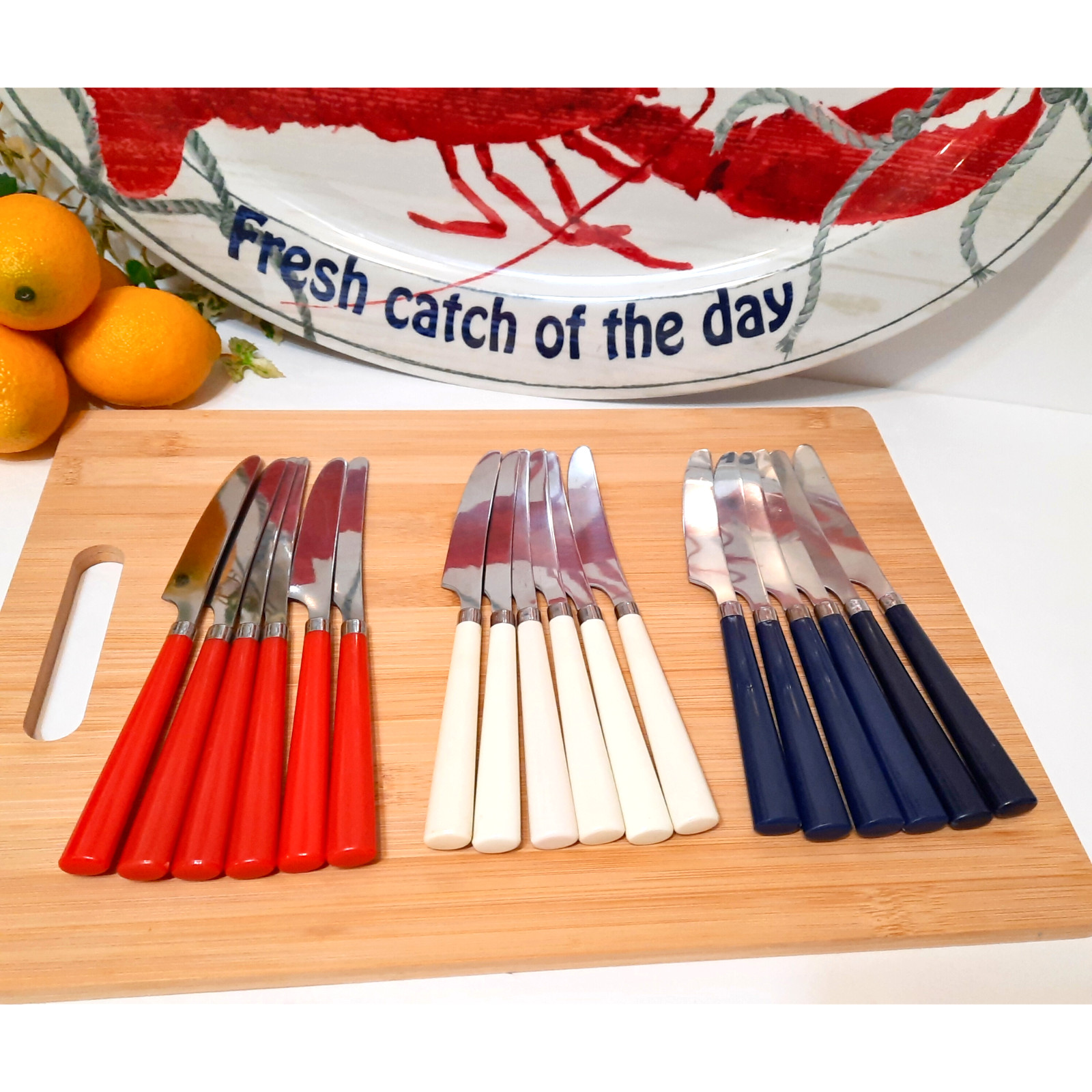 VTG July 4th BBQ Knives Red White Blue 18 pcs MCM Stainless Blade Colored Handle