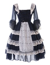 JL-701 Dunkel Blau Chiffon Victorian Gothic Lolita Rüschen Kleid Kostüm Cosplay
