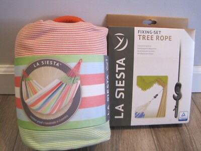 NEW La Siesta Family Hammock-Coral + NEW La Siesta Fixing-Set Tree Rope