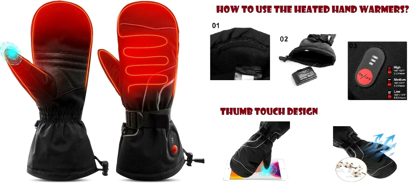 Intelligent Heated Electric Heated Mitten Gloves Rechargeable Battery Size Small