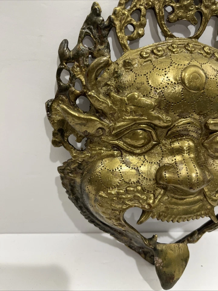 Antigua o Vintage Bronce Dorado Buda Tibetano Mahakala Máscara Colgante de Pared 9” T Foto 4 de 4