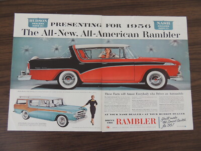 1955 HUDSON NASH ALL NEW FOR ''56 AMERICAN RAMBLER 2 PAGE CAR SALES ART AD