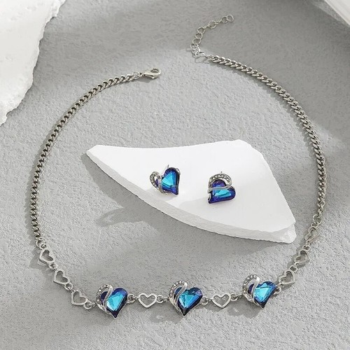 Ensemble Bijoux Cristal Bleu Et Blanc - Collier Boucles Bracelet Bague Neuf