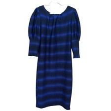 ILLord Womens Midi Dress Sz 1X Black Blue Striped Stretchy Balloon Sleeve Plus