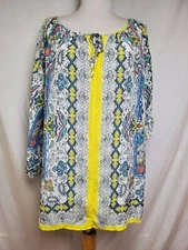 John Mark Relaxed Fit Silk Tunic Top Sz M Paisley Colorful Yellow Long Sleeve