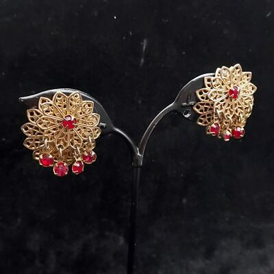 Gold Tone Filigree Red Rhinestone Earrings Clip On Vintage Costume Jewelry 