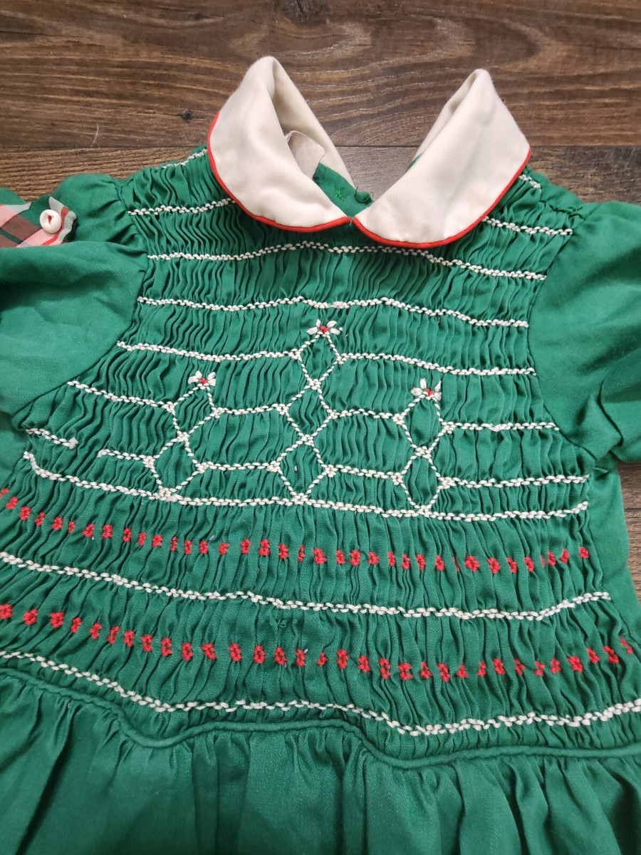 Vintage Polly Flinders Girls 6X Green Smocked Dress Christmas | eBay