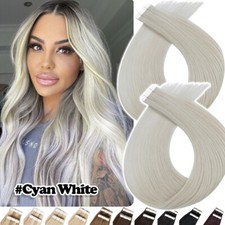 CYAN WHITE Tape In 100 Real Remy Human Hair Extensions Invisible Skin Wefts USA