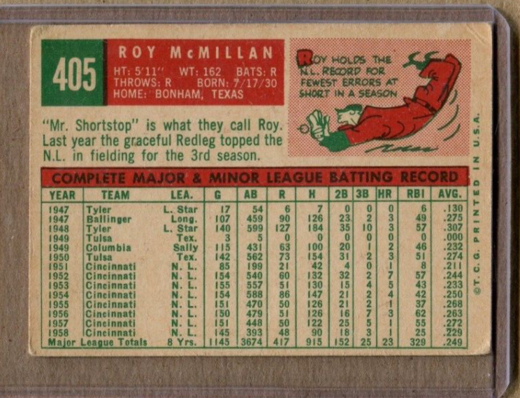 ROY Mc MILLAN CINCINNATI REDS 1959 TOPPS BASEBALL CARD #405 | eBay