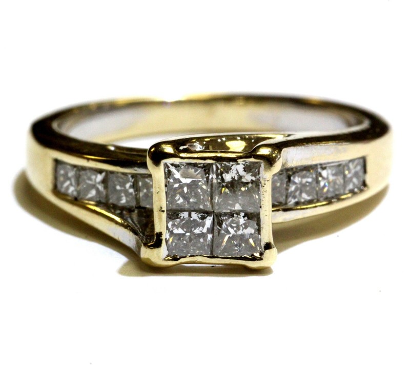 14k yellow gold 1ct princess invisible set diamond engagement ring 5.8g womens