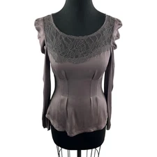 Ace Delivery Purple Top Silk Stretch Lace Scoop Ruffle Long Sleeve Blouse XS?