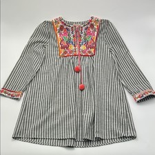 Velzera Embroidered Tunic Small Gray Striped Dress Cotton Hippie Chic Festival