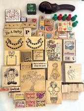 LOT of 85 WOOD  RUBBER STAMPS NEW  USED FRIENDSHIP BIRTHDAY  BONUS ITEMS