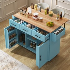 Kitchen island on Wheels, Kitchen Storage Trolley w/ Foldable Countertop, Blue