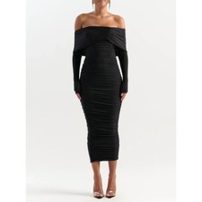NWT Naked Wardrobe The Shoulderless Ruched Midi Dress in Black Sz M