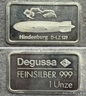 Degussa Zeppelin Hindenburg 1 oz .999 Silver Bar - German Mint RARE Vintage