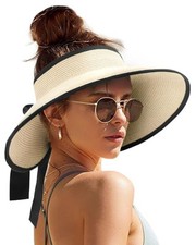 UPF 80 Sun Visors for Women Wide Brim Beach Hat Foldable Straw One Size Beige