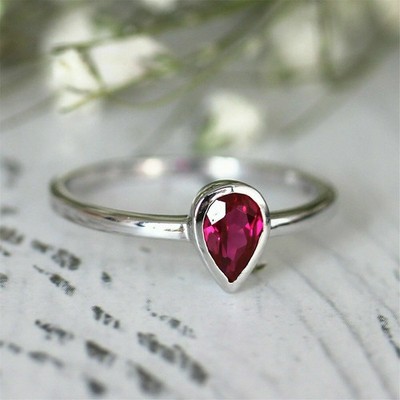 1.00Ct Pear Cut Lab Created Ruby Bezel Style Elegant Ring 14K White Gold Finish
