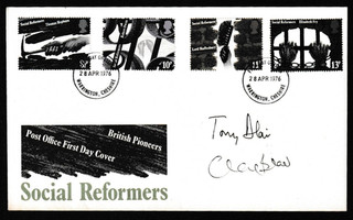 Social Reformers FDC 1976 firmado a mano por el primer ministro Tony Blair otro