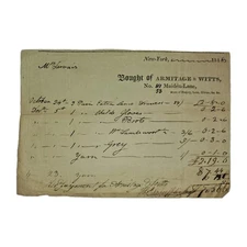 1815 New York Armitage & Witts Maiden Lane Billhead Receipt w/ Clerk Signature