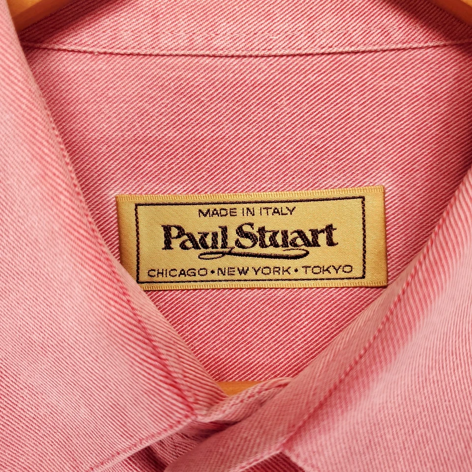 Винтажная мужская рубашка Paul Stuart на пуговицах L розовая саржа хлопковая смесь Италия - Изображение 4 из 4