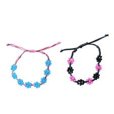 Beaded Flower Kids Bracelets Handmade Floral 2pc Adjustable Boho Pink Blue Black
