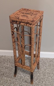 70's MCM Hand made small 26" x 8" Sq. Scorched Bamboo Pedestal Plant Stand NICE