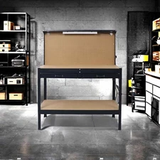 Heavy-Duty Workbench with Pegboard, Two Drawers, and LED Light, Multipurpose