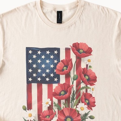 American Flag Poppy Flower Shirt Patriotic Wildflower Graphic USA