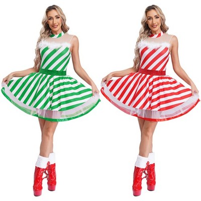 Frauen Weihnachten Tutu Tanzkleid Pailletten gestreifte Kunstlaufen Party Kostüm