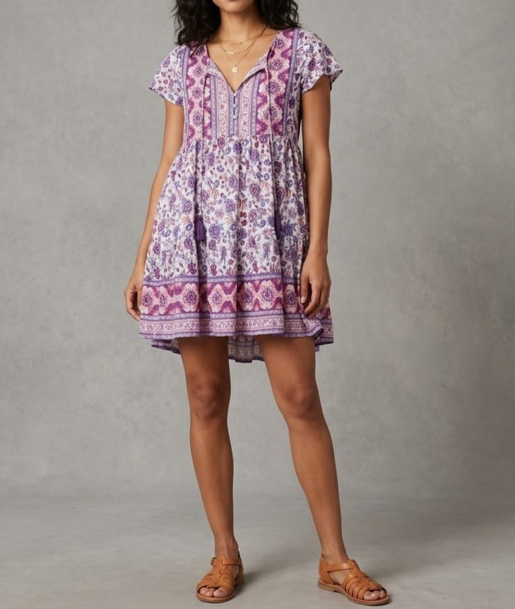 Dreamcatcher Floral Tiered Babydoll Mini Dress Womens M Purple Rayon Hi-Low Boho