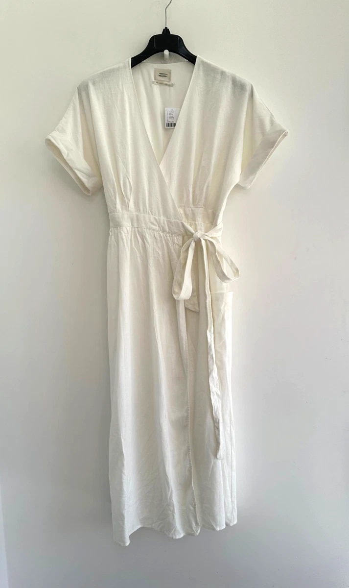 urban outfitters white linen wrap dress Urban Outfitters Linen Spaghetti Strap Wrap Midi Dress Creamy Yellow Size Large