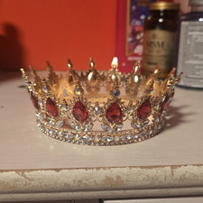 Gold Princess Crown Tiara with Red & Clear Rhinestones