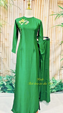 Vietnamese Traditional Long Dress- Green Embroidery Ao Dai Set With Pants
