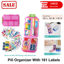 Pill Organizer with 161 Labels, Travel Pill Case, 7-Day Medication Storage, Pink