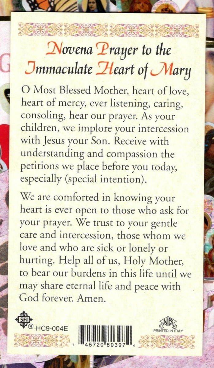 Immaculate Heart Of Mary Novena Prayer Laminated Holy Card