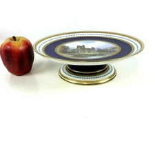 19th C English Porcelain Compote Cake Hand Painted Cobalt Blue Gold Jeweled 
