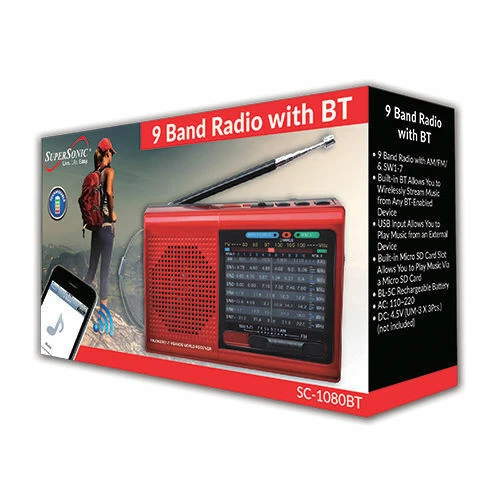 Supersonic 9-Band Rechargeable Bluetooth AM/FM Radio (Red) with USB/SD MP3 - Image 2 of 4