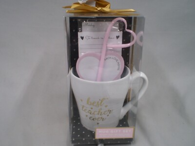 Best Teacher Ever Gift Set - Heart Pen/ 2 Note Pads/ Coffee Tea Cup Mug