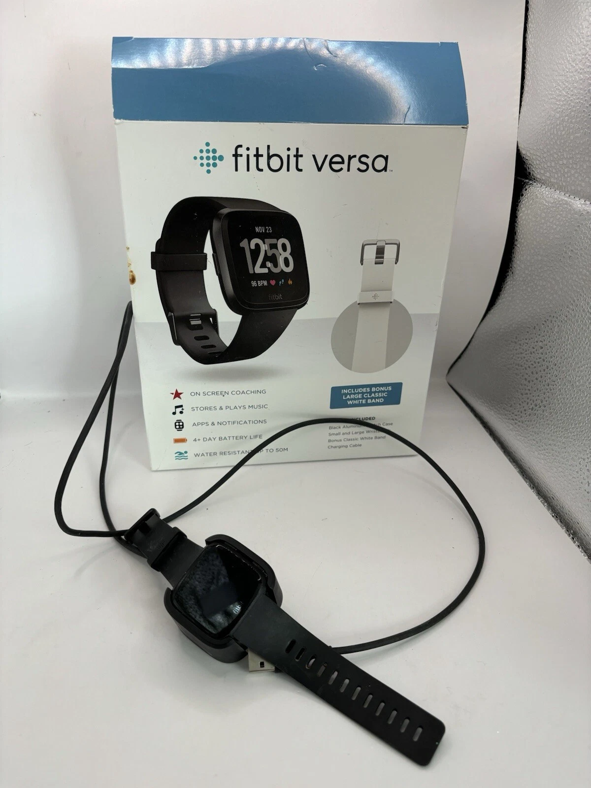 Fitbit Versa Fitness Smartwatch Black With Extra White Band And Charger Box