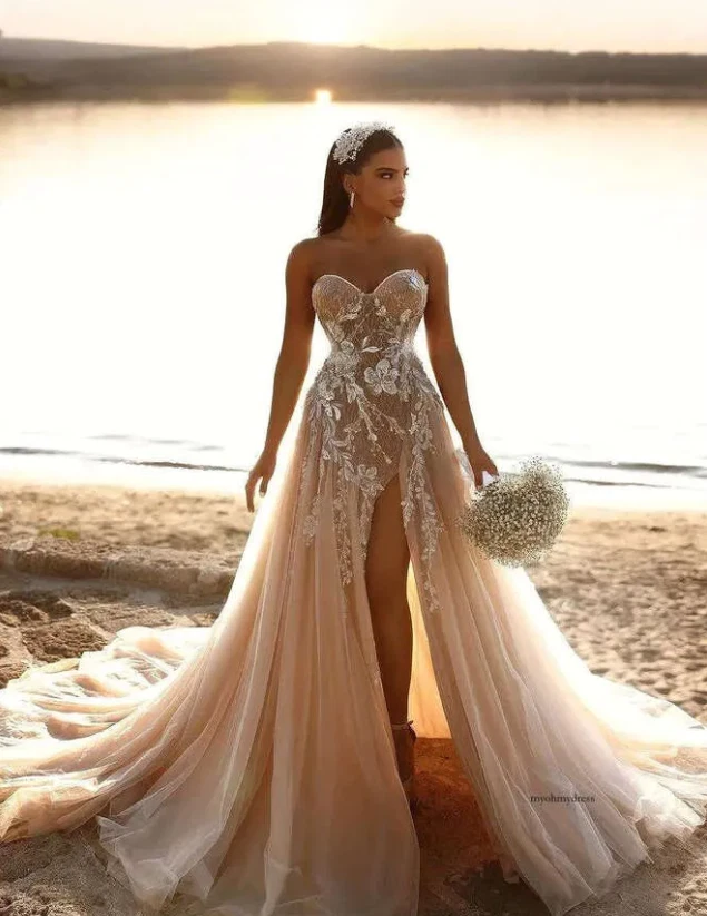 champagne colored beach wedding dresses Champagne A-Line Wedding Gown w/ Lace Bodice & Plunging Neckline